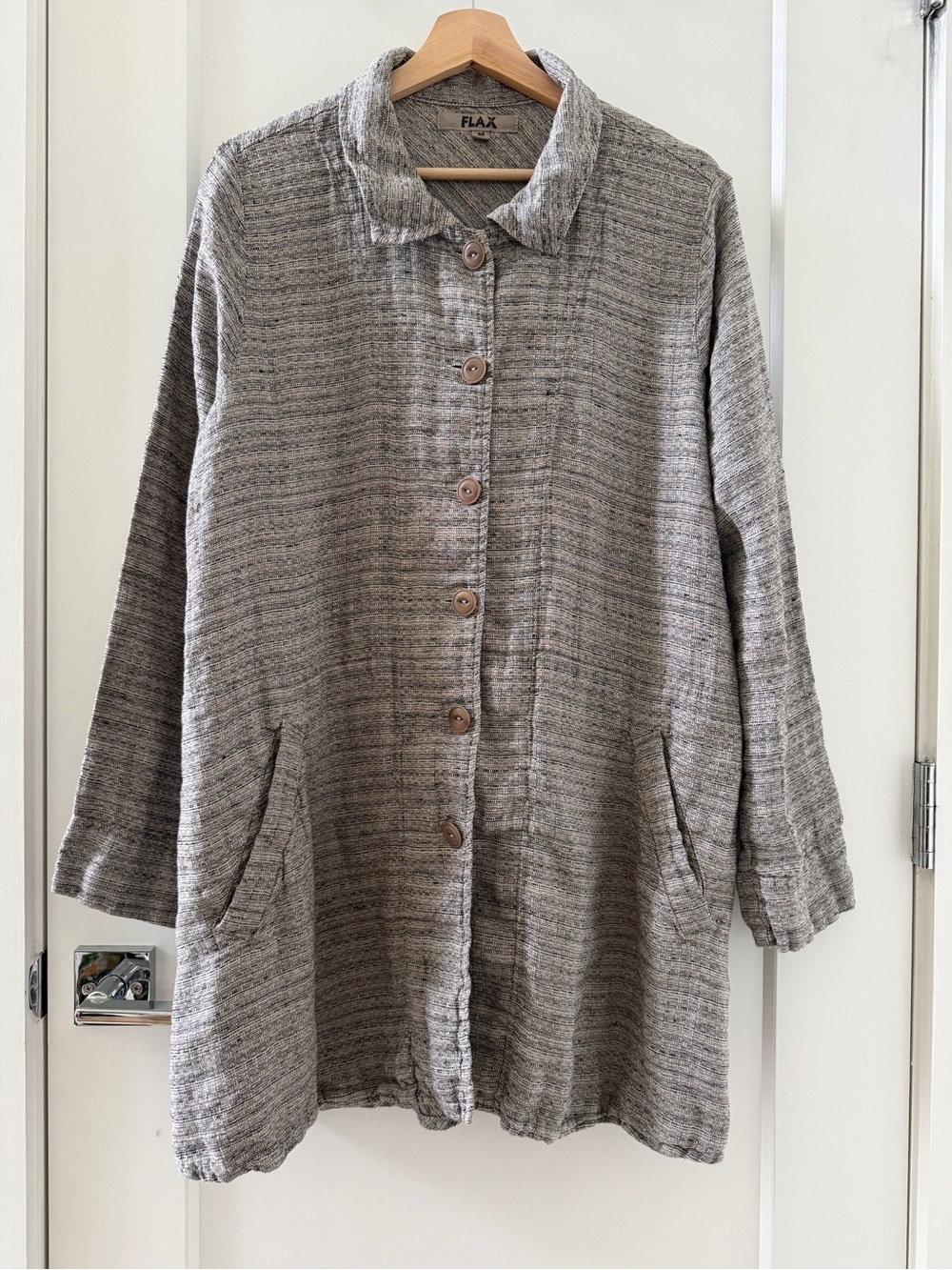 FLAX 100% LINEN BUTTON DOWN LONG LINE JACKET SIZE SMALL LAGENLOOK SIZE M